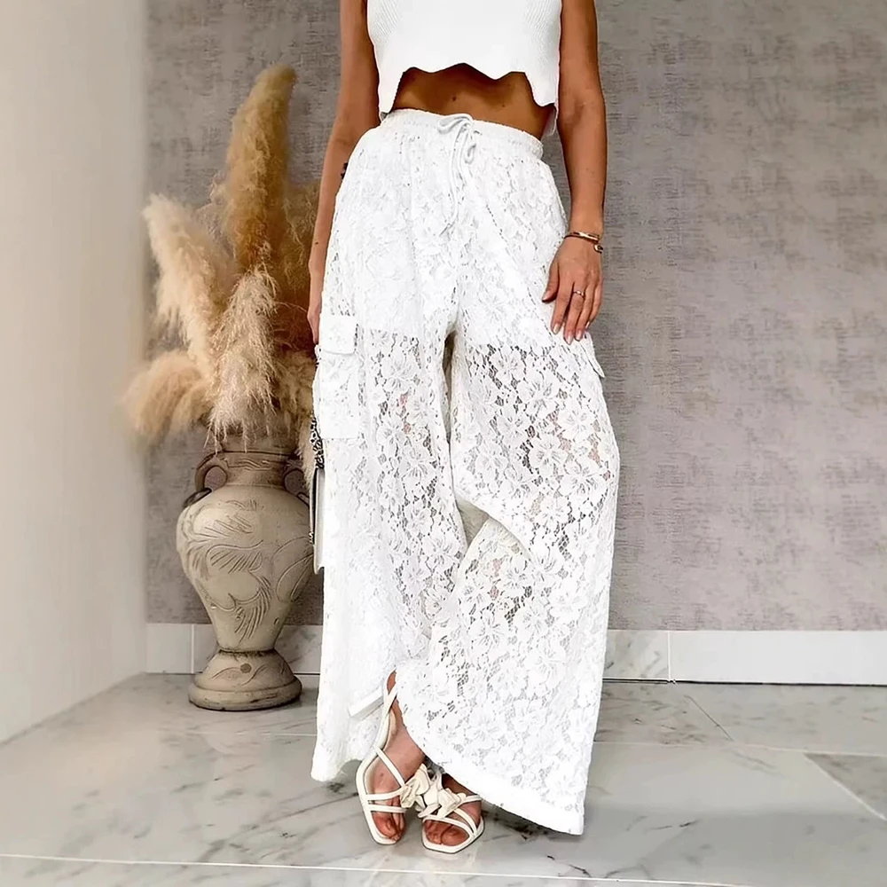 Women Elegant Lace Sheer Mesh Cargo Pants White Hollow Out Embroidery Drawstring Loose Pants For Female Streetwear Y2K Trousers
Women Elegant Lace Sheer Mesh Cargo Pants White Hollow Out Embroidery Drawstring Loose Pants For Female Streetwear Y2K Trousers
