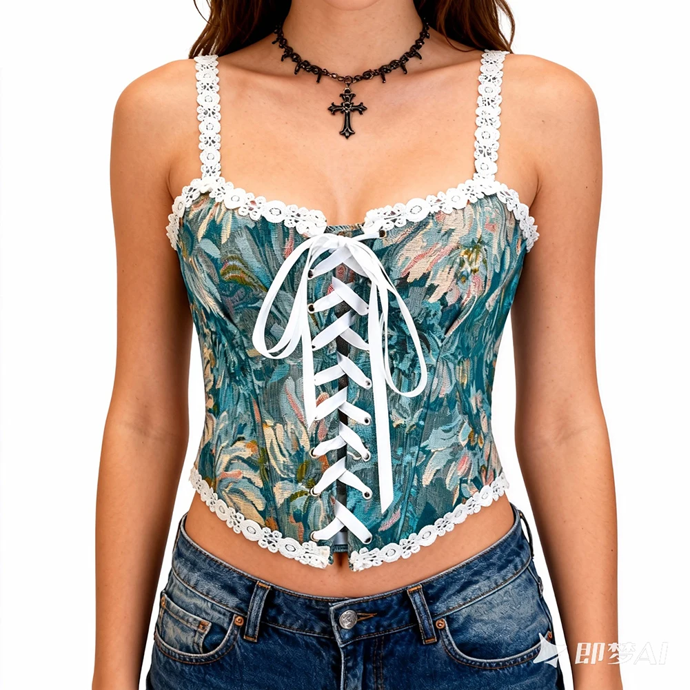 Синий винтажный корсет с бретелями с цветочным принтом и шнуровкой спереди
Синий винтажный корсет с бретелями с цветочным принтом и шнуровкой спереди