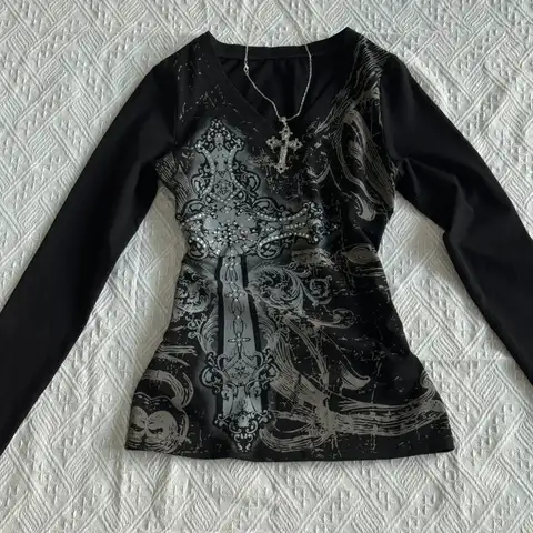 Retro Hip Hop Y2K T-Shirts Fashion Women Sexy Long Sleeve Gothic Vintage Punk Streetwear Tops Casual Slim Hot Girl Autumn Tees