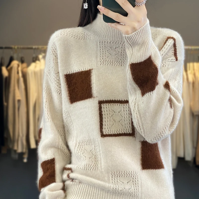 Women's Hollow Out Winter Jacquard Color Pullover Sweater With Loose Semi High Collar100%Merino Pure Wool Knit Jumper Sweater
Women's Hollow Out Winter Jacquard Color Pullover Sweater With Loose Semi High Collar100%Merino Pure Wool Knit Jumper Sweater
