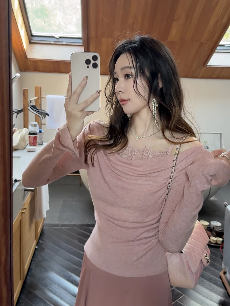 Ele Sexy Lace Knitted Top Pretend Two-Piece Faionable Korean Sle Slim Fit Long Sve One-oulder Color
Ele Sexy Lace Knitted Top Pretend Two-Piece Faionable Korean Sle Slim Fit Long Sve One-oulder Color