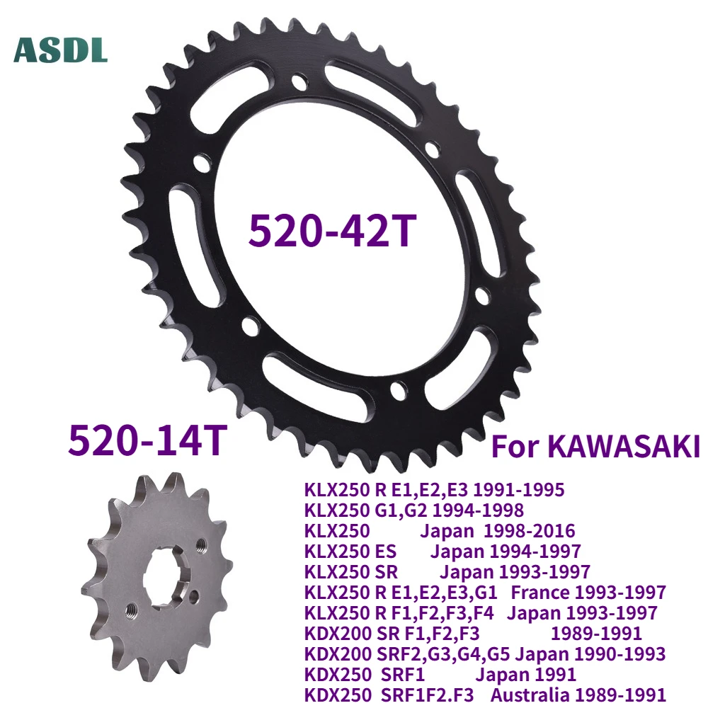 520 42T 14T Motorcycle Front Rear Sprocket Gear Wheel For Kawasaki KLX250 R ES SR KLX 250 KDX200 SR KDX250 KDX 200 250
520 42T 14T Motorcycle Front Rear Sprocket Gear Wheel For Kawasaki KLX250 R ES SR KLX 250 KDX200 SR KDX250 KDX 200 250