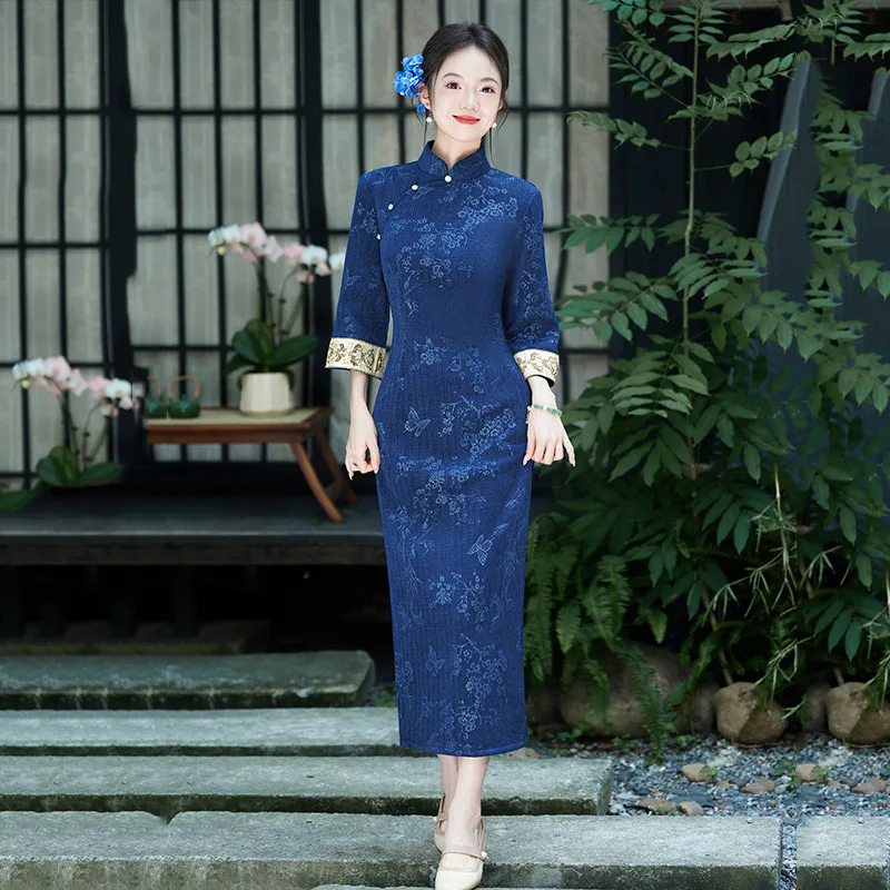 Blue New Chinese Style Long Seven Quarter Sleeve Cheongsam Improved Young Women Retro Spring Autumn Qipao Dress
Blue New Chinese Style Long Seven Quarter Sleeve Cheongsam Improved Young Women Retro Spring Autumn Qipao Dress