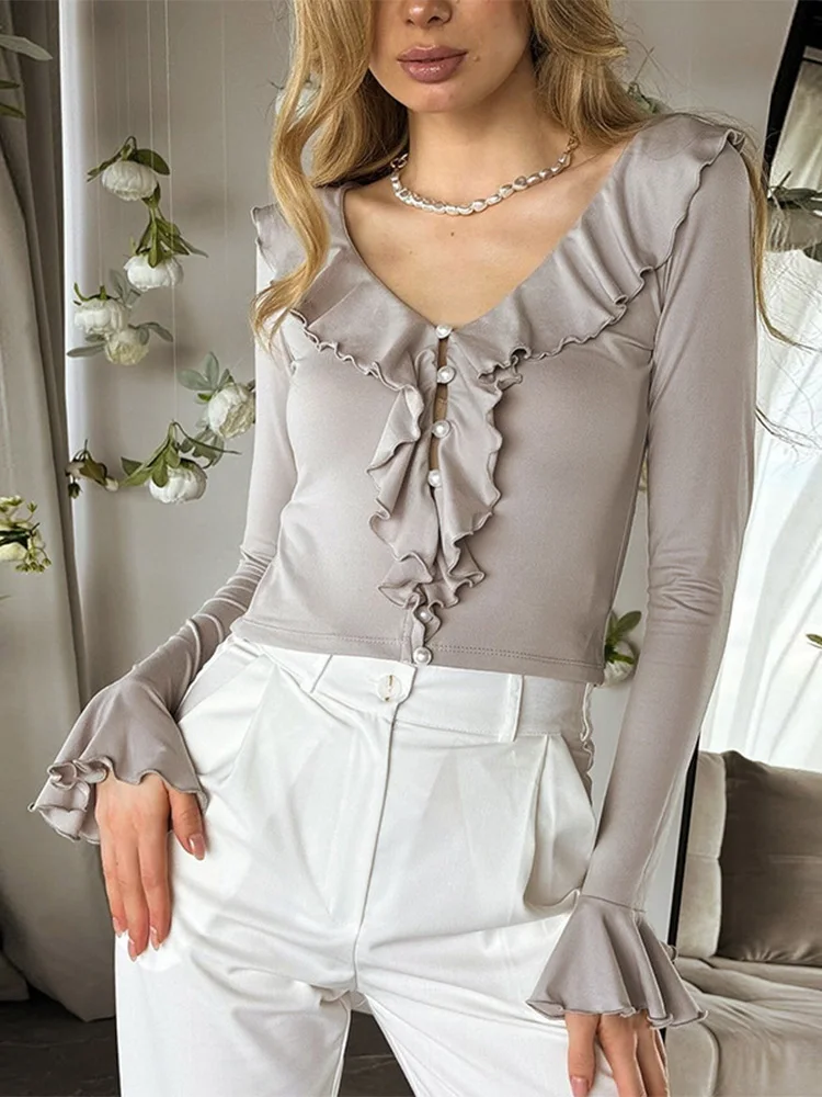 Trendix Slim Ruffle Tops Women Fashion V Neck Patchwork Long Sleeve T Shirts Ladies Street Party Sexy Solid Casual Crop Top 2025
Trendix Slim Ruffle Tops Women Fashion V Neck Patchwork Long Sleeve T Shirts Ladies Street Party Sexy Solid Casual Crop Top 2025