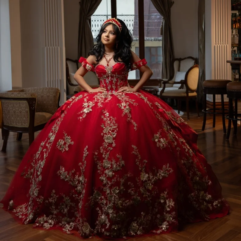 Red Quinceanera Dresses Off the Shoulder Glitter 3D Flower Crystal Flower Decal Long tail Bow Vestidoe 15 Quinceanera Customize
Red Quinceanera Dresses Off the Shoulder Glitter 3D Flower Crystal Flower Decal Long tail Bow Vestidoe 15 Quinceanera Customize