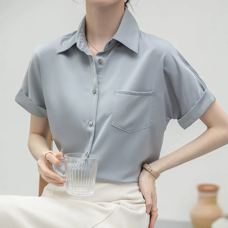 Women Clothing Fashion Solid Pockets Button Shirts Summer Elegant Chic Turn-down Collar Short Sleeve Blouses Office Lady Tops
Women Clothing Fashion Solid Pockets Button Shirts Summer Elegant Chic Turn-down Collar Short Sleeve Blouses Office Lady Tops