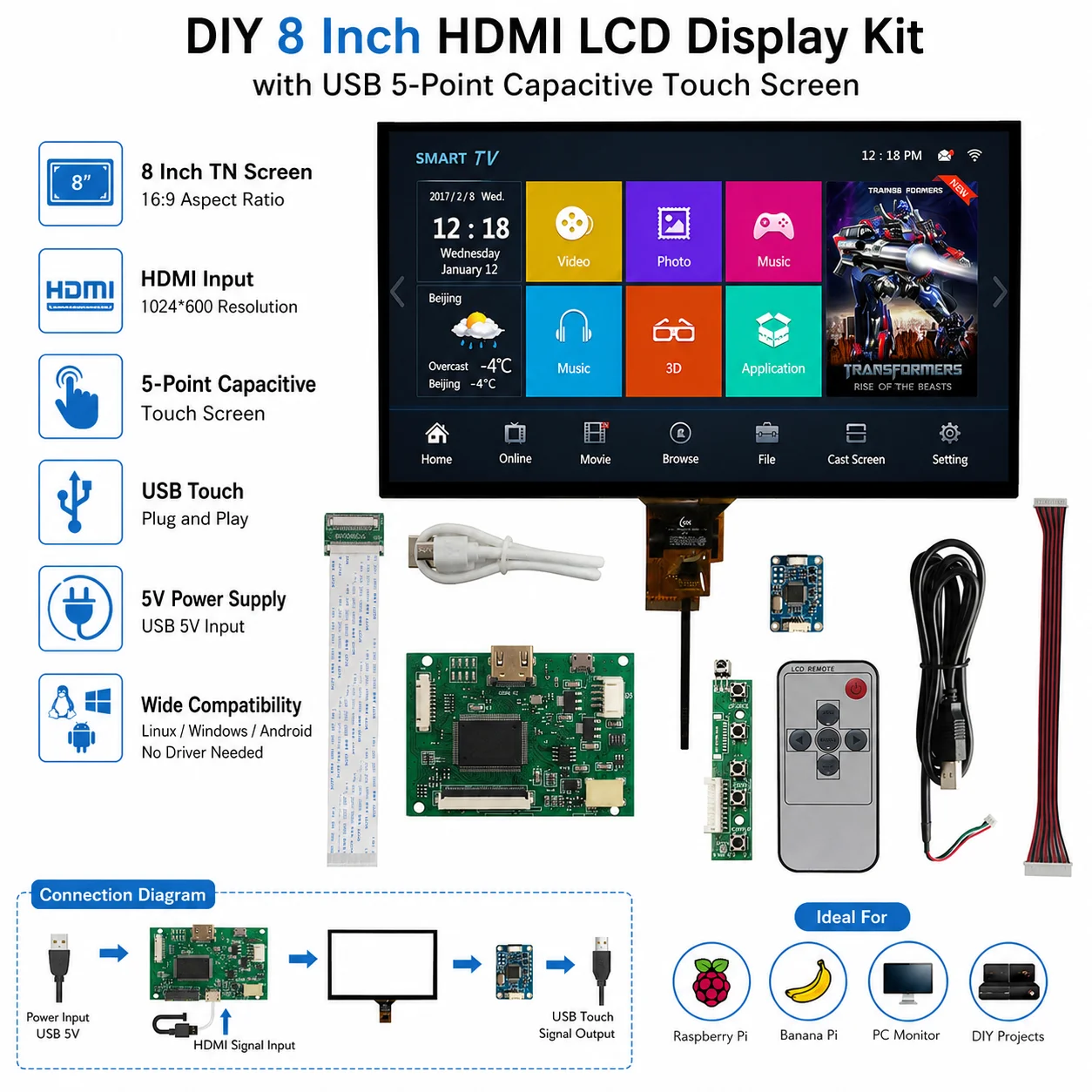8-inch 1024*600 portable monitor screen LCD display,HDMI-compatible driver board,touch panel,PC mini computer auxiliary display
8-inch 1024*600 portable monitor screen LCD display,HDMI-compatible driver board,touch panel,PC mini computer auxiliary display