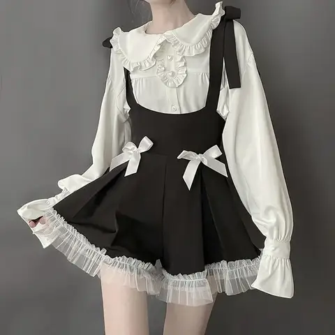 2025 Japanese Lolita Jumpsiut Woman Sweet Playsuit Bow Vintage Cosplay Cute Club Mini Rompers Women