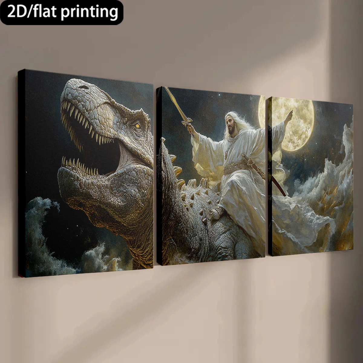 2D плоская печать, 3-х частная картина на деревянной раме, декоративная живопись на холсте: фигура в одежде, верхонавшая на динозавре. Декор для коридора и спальни.
2D плоская печать, 3-х частная картина на деревянной раме, декоративная живопись на холсте: фигура в одежде, верхонавшая на динозавре. Декор для коридора и спальни.