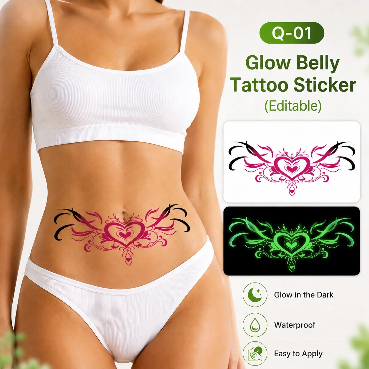 Disposable Tattoo Sticker Temporary Tattoo Glow in the Dark Tattoo Sticker, Pink Heart Belly Design
Disposable Tattoo Sticker Temporary Tattoo Glow in the Dark Tattoo Sticker, Pink Heart Belly Design