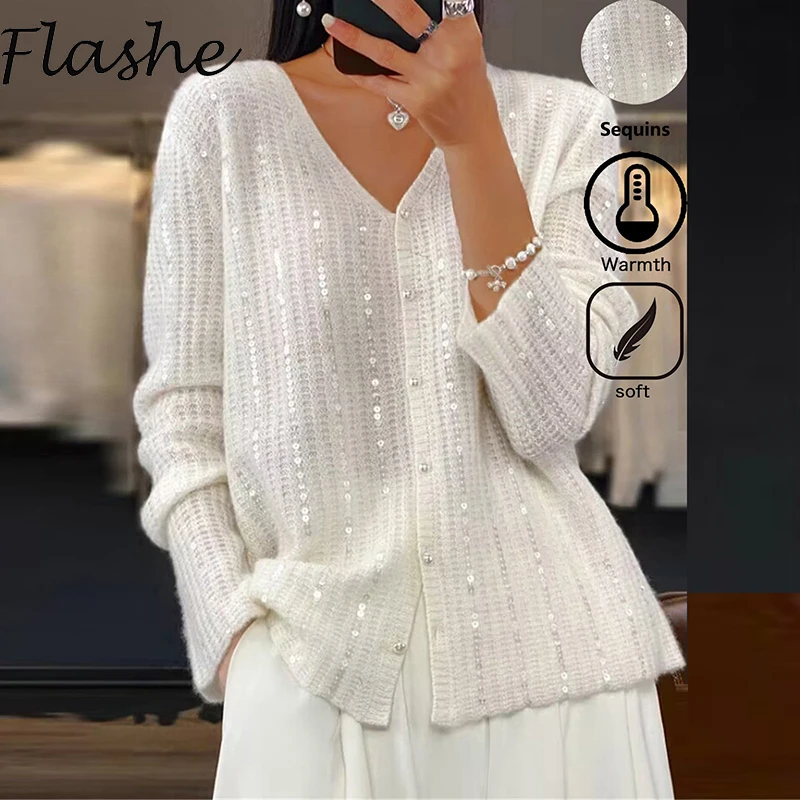 Fashion V Neck Sequins Knitted Sweater Cardigan Women Casual Breasted Jackets For Women Solid Long Sleeve Coat New
Fashion V Neck Sequins Knitted Sweater Cardigan Women Casual Breasted Jackets For Women Solid Long Sleeve Coat New