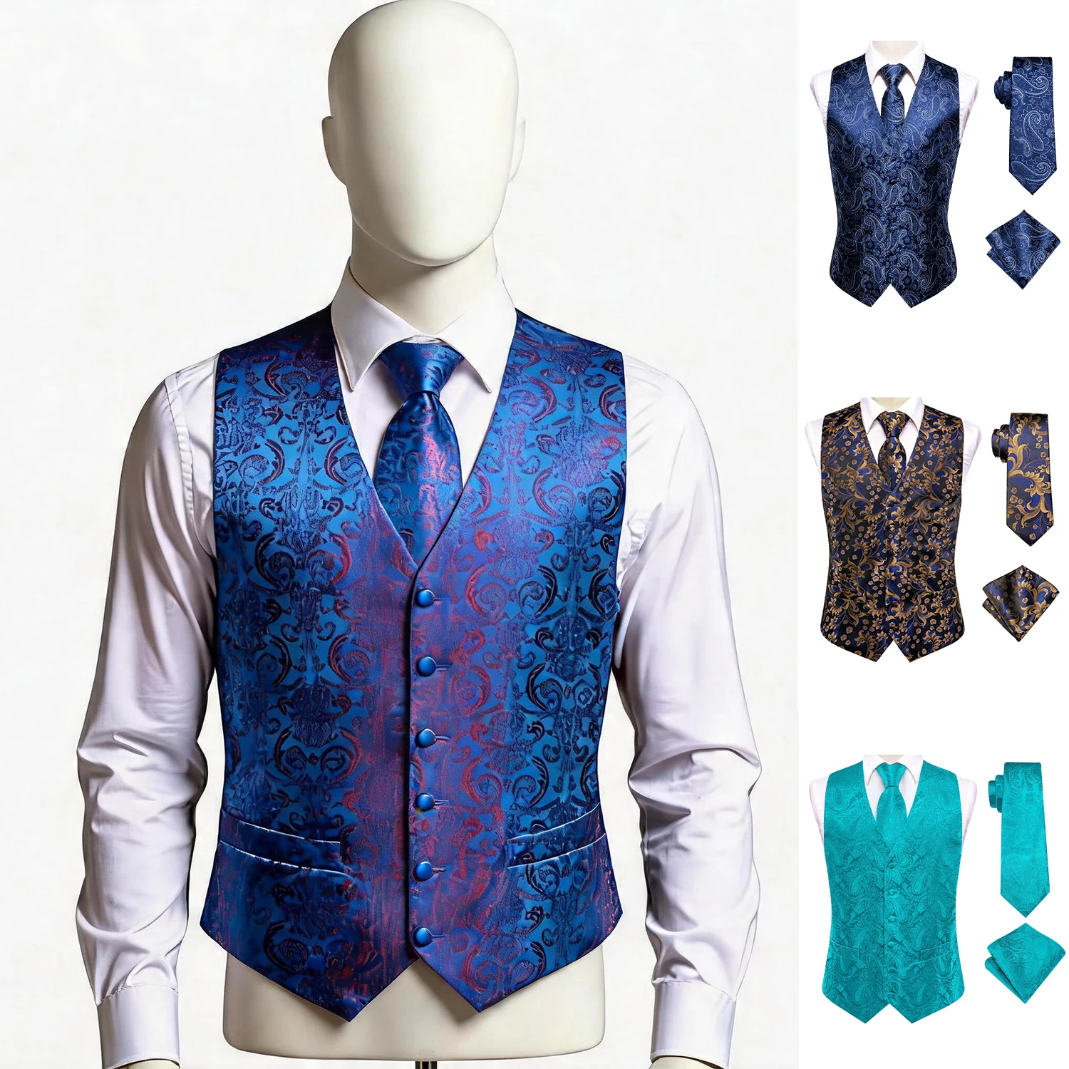 Blue Waistcoat 3 Piece Set, Men Formal Vest with Matching Tie & Pocket Square for Wedding Business
Blue Waistcoat 3 Piece Set, Men Formal Vest with Matching Tie & Pocket Square for Wedding Business