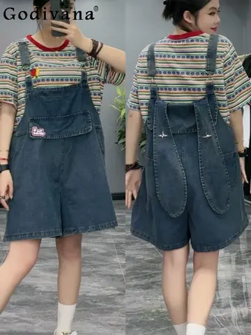 Plus Size Girl Sweet Cute Age-reducing College Blue Short Denim Overalls Summer New High Waist Loose Versatile Wide-leg Jumpsuit
