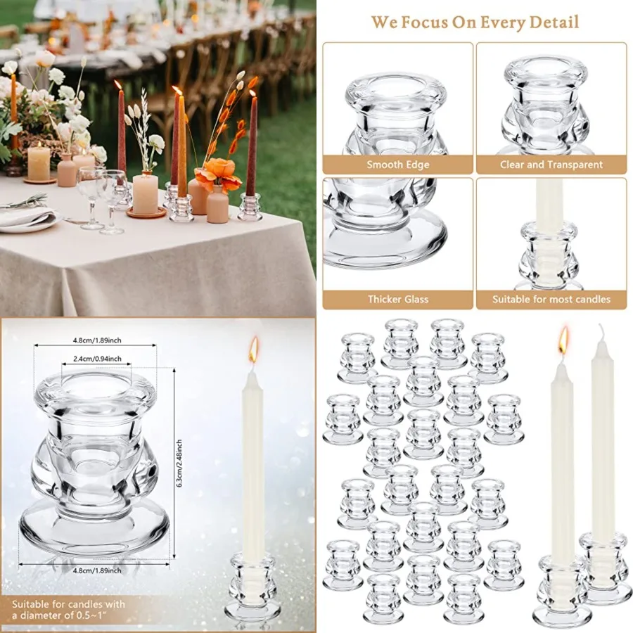 24 Pcs Candlestick Holders Glass Clear Taper Candle Holders 2.2" High Candle Stick for Wedding Centerpieces Decor Party Supplie
24 Pcs Candlestick Holders Glass Clear Taper Candle Holders 2.2" High Candle Stick for Wedding Centerpieces Decor Party Supplie