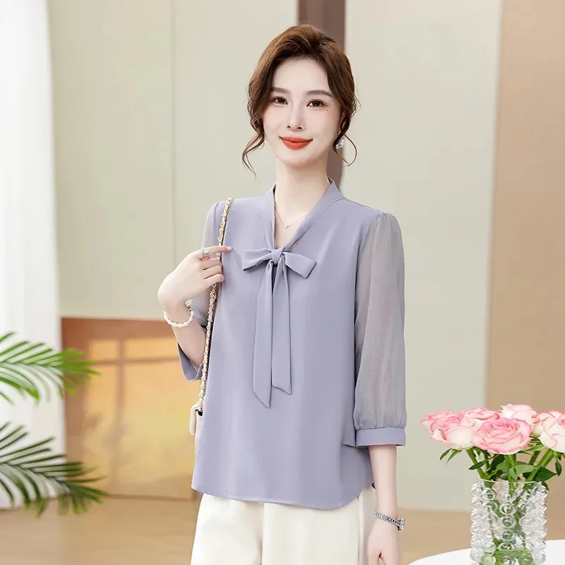 Women's Bow Tie Neck Chiffon Blouse 3/4 Sleeve Elegant Solid Color Office Work Shirt Middle-Aged Ladies Lightweight Casual Top
Women's Bow Tie Neck Chiffon Blouse 3/4 Sleeve Elegant Solid Color Office Work Shirt Middle-Aged Ladies Lightweight Casual Top
