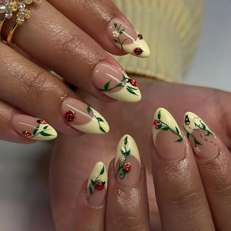 24Pcs Yellow French Fake Nails Mid-length Almond Detachable Press on False Nails Ladybug Strawberry Flower Full Cover Nails Tips
24Pcs Yellow French Fake Nails Mid-length Almond Detachable Press on False Nails Ladybug Strawberry Flower Full Cover Nails Tips