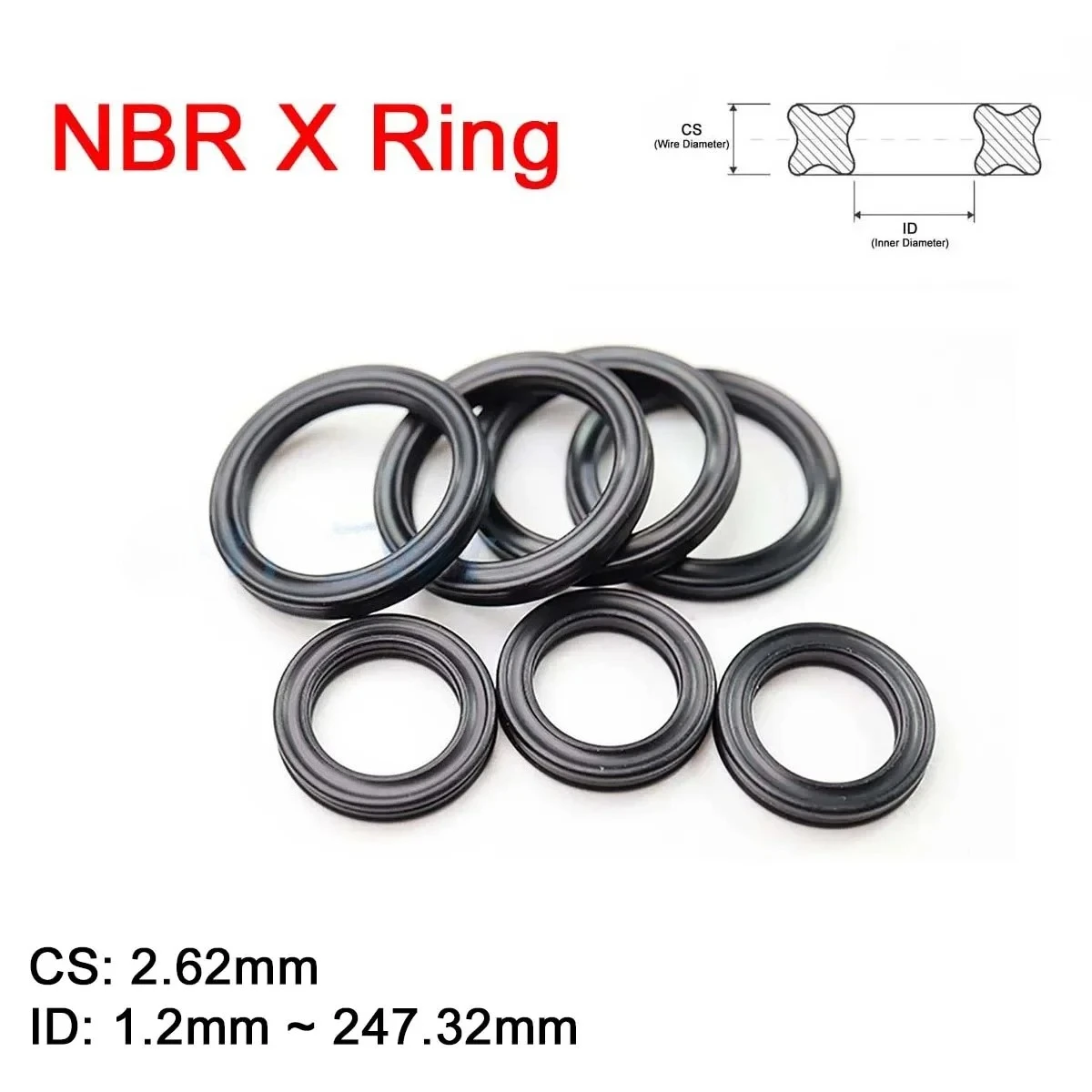 NBR X Ring Seals CS 2.62mm Black Nitrile Butadiene Rubber X-Ring Gasket for Hydraulic Cylinders Piston Rods ID 1.2mm ~ 247.32mm
NBR X Ring Seals CS 2.62mm Black Nitrile Butadiene Rubber X-Ring Gasket for Hydraulic Cylinders Piston Rods ID 1.2mm ~ 247.32mm