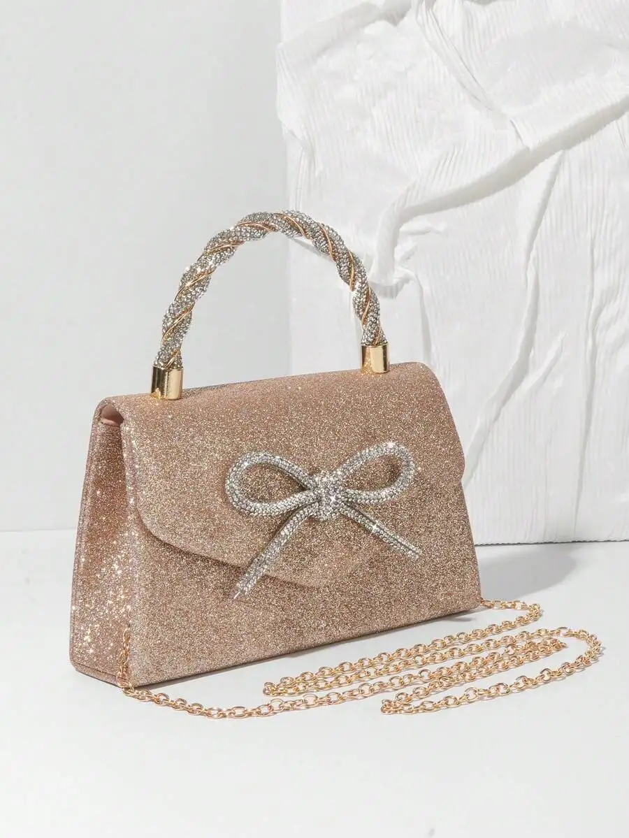 Glittery Rose Gold Mini Handbag With Crystal Bow Knot, Top Handle And Chain Strap For Evening Wedding Party Formal Events
Glittery Rose Gold Mini Handbag With Crystal Bow Knot, Top Handle And Chain Strap For Evening Wedding Party Formal Events