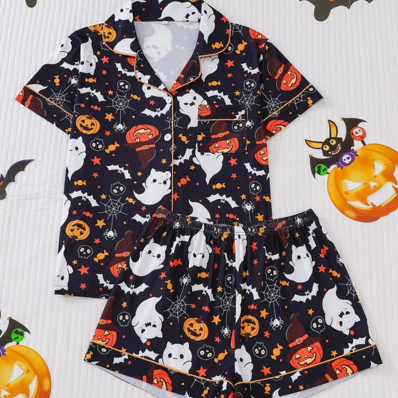 Women Halloween Pumpkin Breathable Lapel Loungewear Short-Sleeved Roll-Neck Shirt and Loose Shorts Bat Print Pajama Set S-XXL
Women Halloween Pumpkin Breathable Lapel Loungewear Short-Sleeved Roll-Neck Shirt and Loose Shorts Bat Print Pajama Set S-XXL