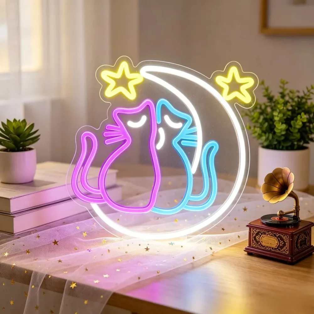 Two Cats Moon Stars Neon Sign Kids Gifts Color Neon Light Dimmable USB for Bedroom Window Cafe Decor Kawaii Cat Lover Gift Home
Two Cats Moon Stars Neon Sign Kids Gifts Color Neon Light Dimmable USB for Bedroom Window Cafe Decor Kawaii Cat Lover Gift Home
