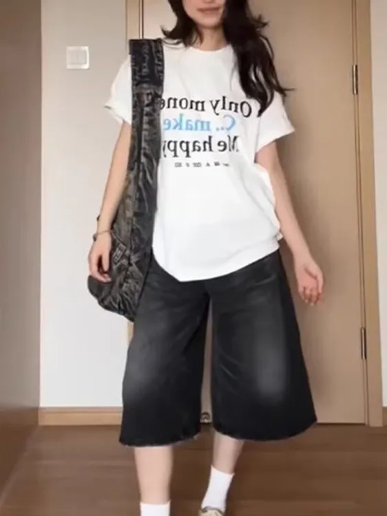 Retro High Waist Wide Leg Jeans Shorts Women's Summer plus Size Korean Style Black Grey Straight Cut Loose Fit Five Inch Pants
Retro High Waist Wide Leg Jeans Shorts Women's Summer plus Size Korean Style Black Grey Straight Cut Loose Fit Five Inch Pants