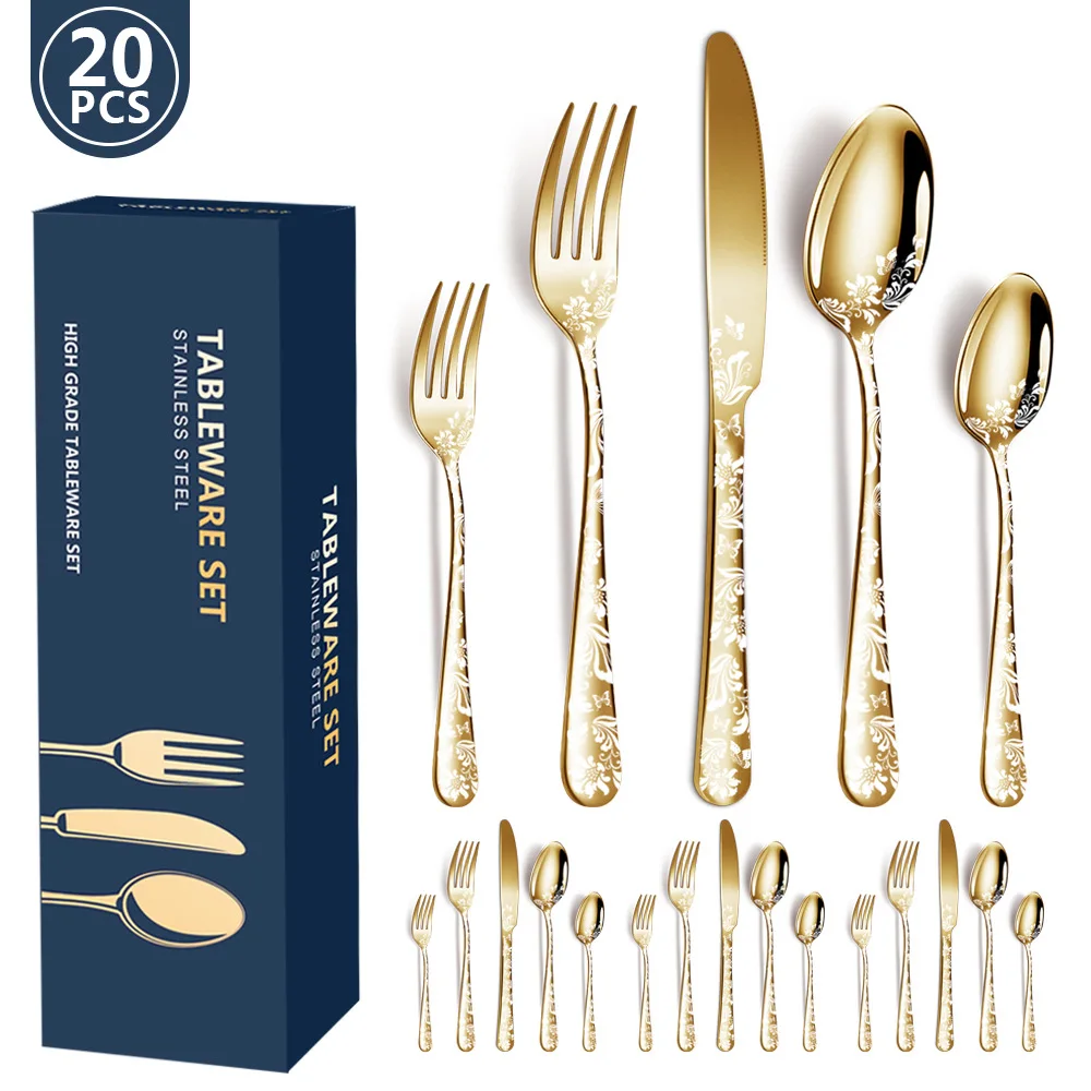 20Pcs Carving Patterns Stainless Steel Cutlery Set Western Steak Dinnerware Set Knife Fork Spoon Set Engraved Tableware Sets New
20Pcs Carving Patterns Stainless Steel Cutlery Set Western Steak Dinnerware Set Knife Fork Spoon Set Engraved Tableware Sets New