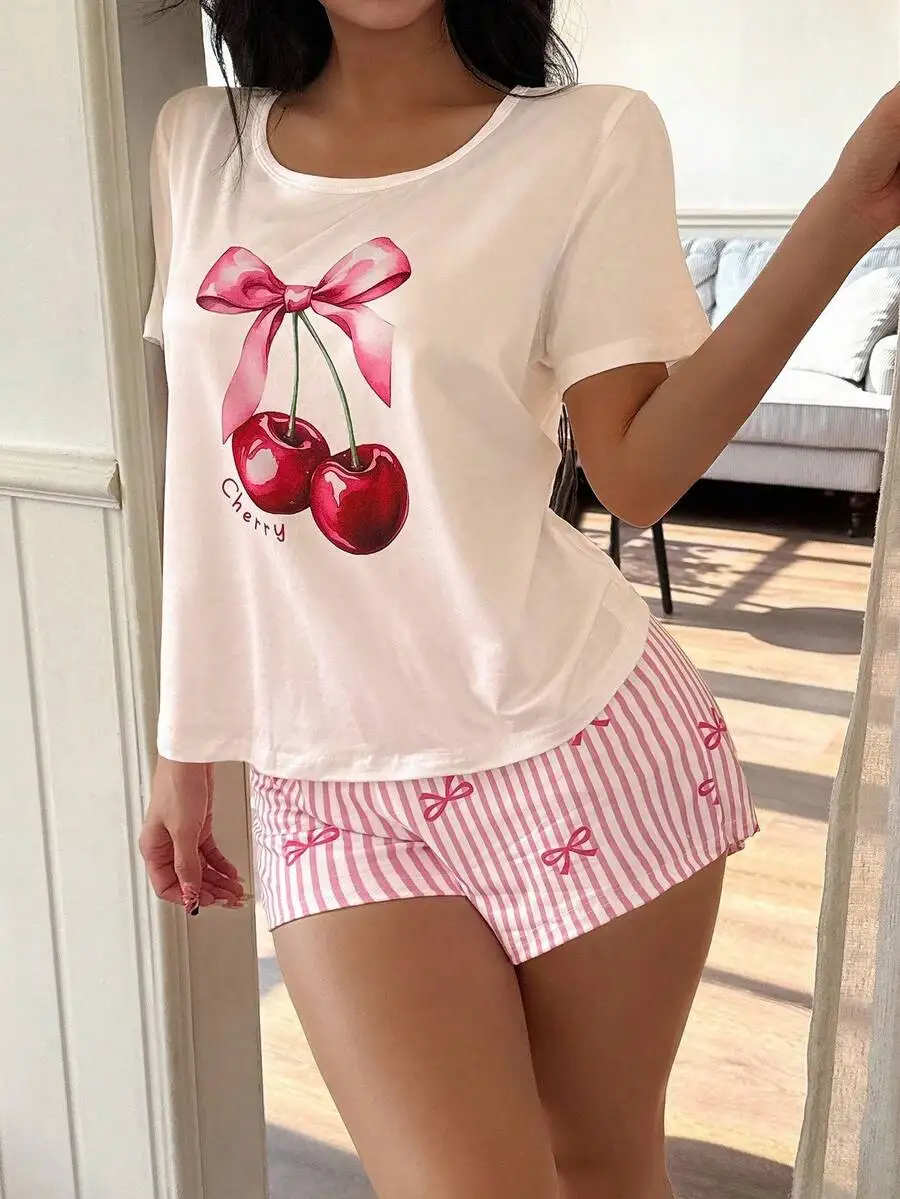 Cherry Print Short Sleeve Top With Striped Shorts Women Pajama Set
Cherry Print Short Sleeve Top With Striped Shorts Women Pajama Set