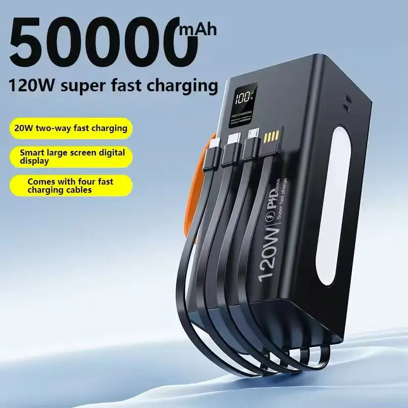 120W Fast Charge Power Bank Portable Power Bank with 4 Built in Cables 50000mAh External Portable Battery for APPLE & Android
120W Fast Charge Power Bank Portable Power Bank with 4 Built in Cables 50000mAh External Portable Battery for APPLE & Android