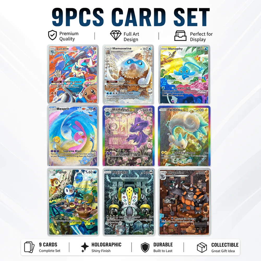 9PCS Full Art Character Card Collection Set Lucario Mamoswine Manaphy Mesprit Mismagius Pachirisu Piplup Collection Cards
9PCS Full Art Character Card Collection Set Lucario Mamoswine Manaphy Mesprit Mismagius Pachirisu Piplup Collection Cards