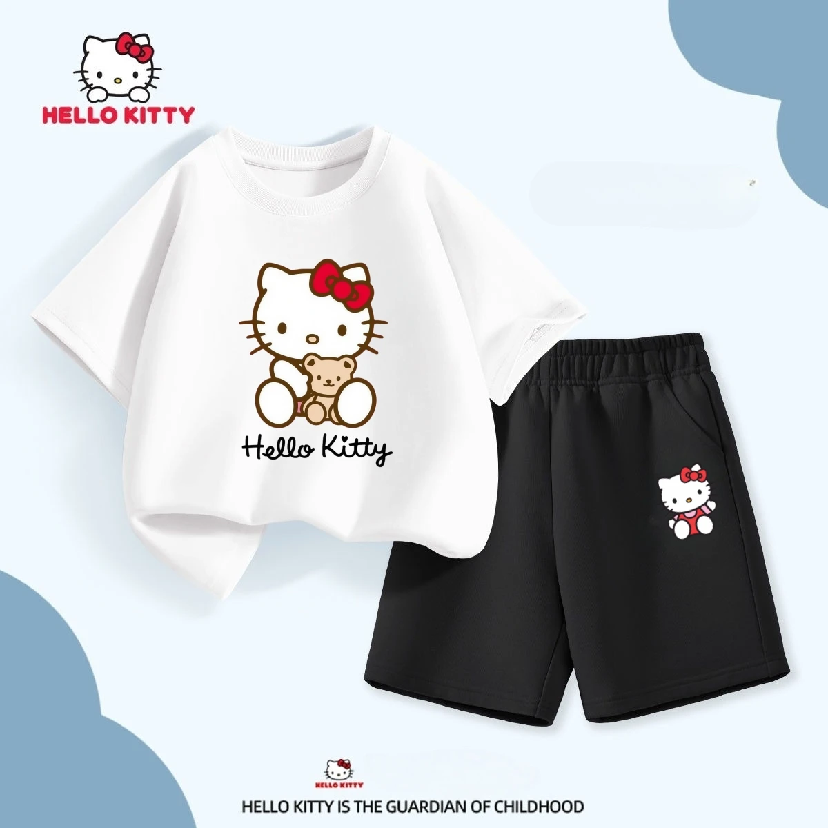 Sanrio, летний комплект хлопковой одежды для маленьких девочек, детские футболки с принтом «Hello Kitty», топ и шорты, костюм, детская одежда с короткими рукавами
Sanrio, летний комплект хлопковой одежды для маленьких девочек, детские футболки с принтом «Hello Kitty», топ и шорты, костюм, детская одежда с короткими рукавами