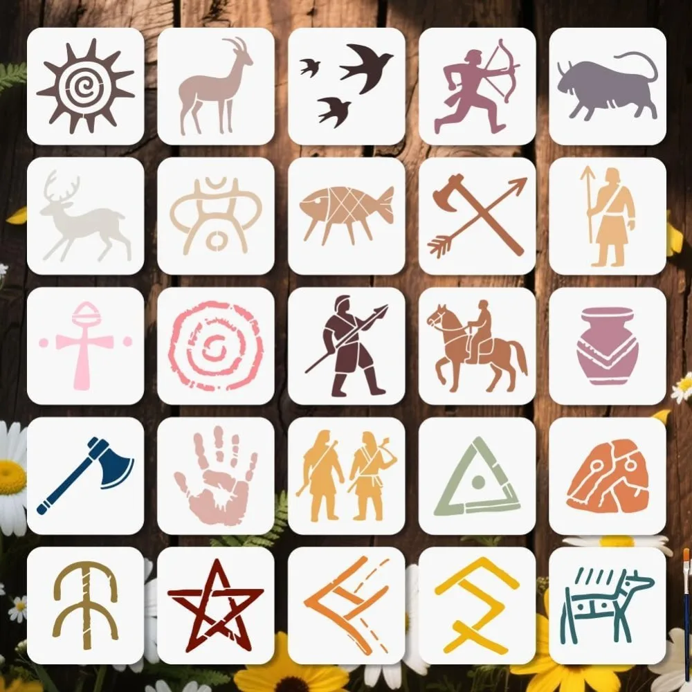 25 Pcs Petroglyph Stencils Tribe Theme Stencil for Painting 5.9×5.9 Inch Native American Sign Drawing Template with Brush
25 Pcs Petroglyph Stencils Tribe Theme Stencil for Painting 5.9×5.9 Inch Native American Sign Drawing Template with Brush