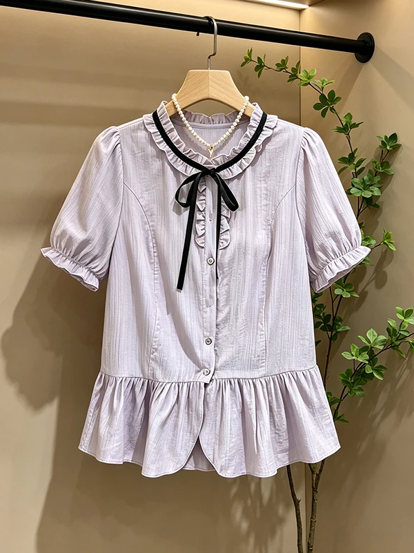 plus Size round Neck Short Sleeve Shirt Women Summer Purple Bow Tie Wooden Trim Special Blouse Korean Style Commute Wind
plus Size round Neck Short Sleeve Shirt Women Summer Purple Bow Tie Wooden Trim Special Blouse Korean Style Commute Wind