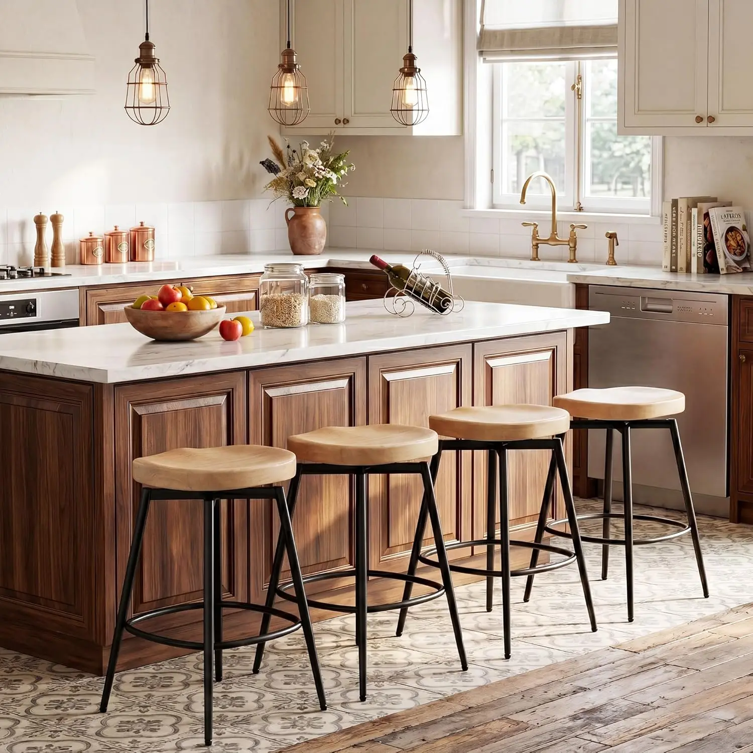 25in Backless Saddle Swivel Counter Stool Wood Seat Metal Leg Kitchen Island Set 4, Customized
25in Backless Saddle Swivel Counter Stool Wood Seat Metal Leg Kitchen Island Set 4, Customized