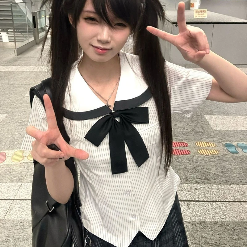 White Striped Jk Shirts Women Preppy Sweet Short Sleeve Japanese Fashion Sailor Collar Blouses Slim Basic Sailor Suit
White Striped Jk Shirts Women Preppy Sweet Short Sleeve Japanese Fashion Sailor Collar Blouses Slim Basic Sailor Suit