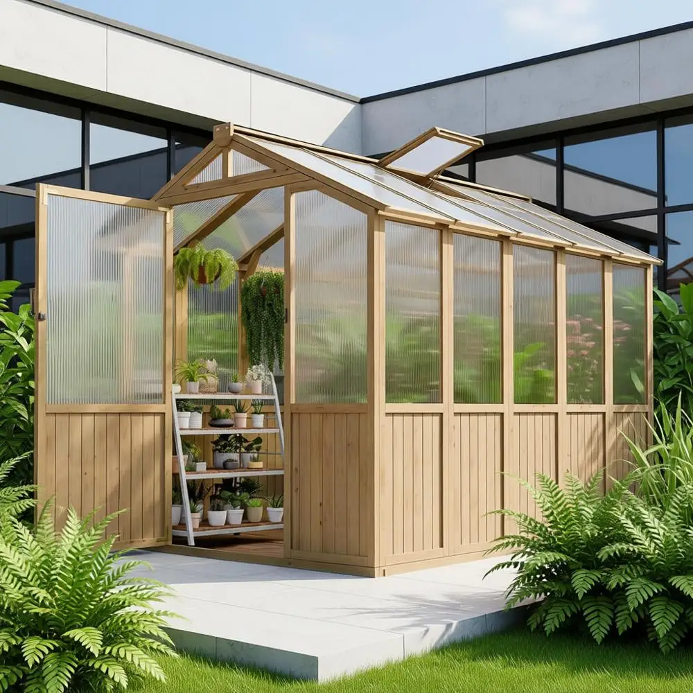 8x6 ft. Durable Wooden Greenhouse, Easy Setup with Polycarbonate, Outdoor Garden Walk-in Kit, Adjustable Roof Vent & Lockable Do
8x6 ft. Durable Wooden Greenhouse, Easy Setup with Polycarbonate, Outdoor Garden Walk-in Kit, Adjustable Roof Vent & Lockable Do