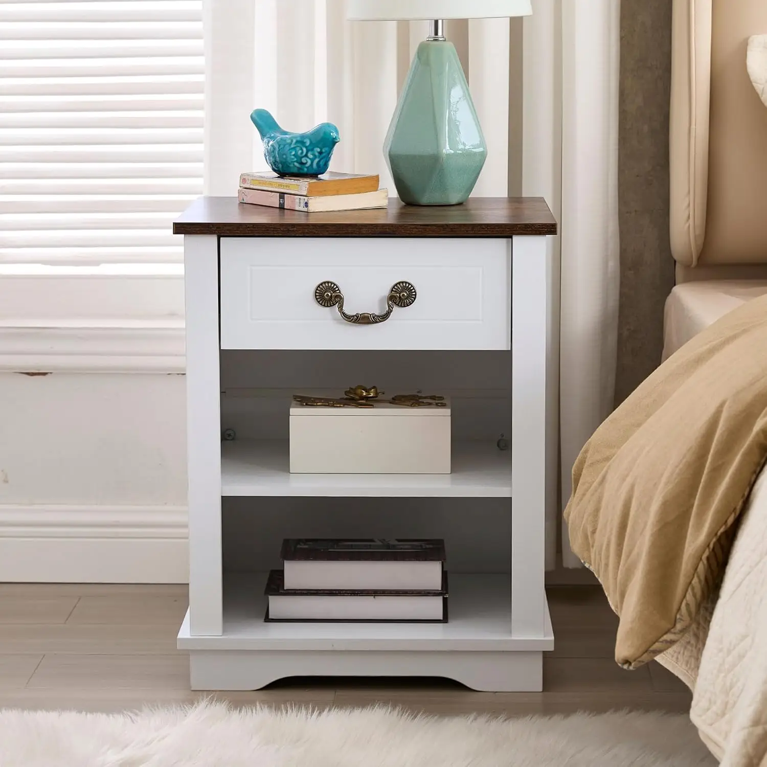 Farmhouse Nightstand Wooden Table with Drawer, Open Compartment, End Table with Optional Adjustable Shelf for Bedroom
Farmhouse Nightstand Wooden Table with Drawer, Open Compartment, End Table with Optional Adjustable Shelf for Bedroom