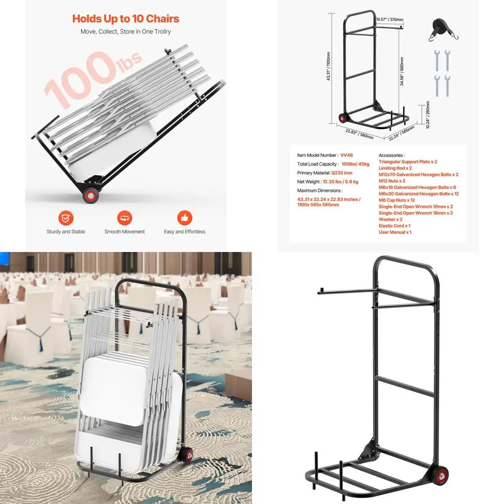 Heavy-Duty 10-Chair Hanging Rack, 100 lbs Capacity, Multi-Function Metal Storage Cart with Rubber Wheels, Matte Black
Heavy-Duty 10-Chair Hanging Rack, 100 lbs Capacity, Multi-Function Metal Storage Cart with Rubber Wheels, Matte Black