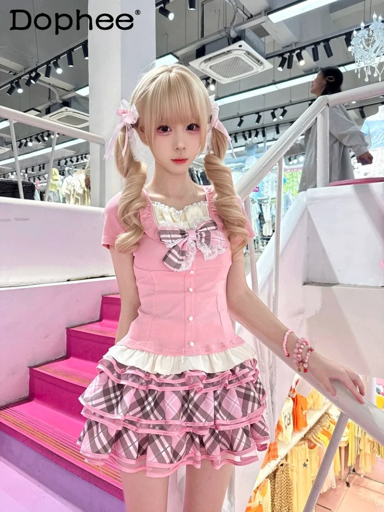Y2k Original Retro Summer New Lace Bow Lolita Set Japanese Girl Slim Short Sleeve + Plaid Cake Skirt Spice Girl Set
Y2k Original Retro Summer New Lace Bow Lolita Set Japanese Girl Slim Short Sleeve + Plaid Cake Skirt Spice Girl Set