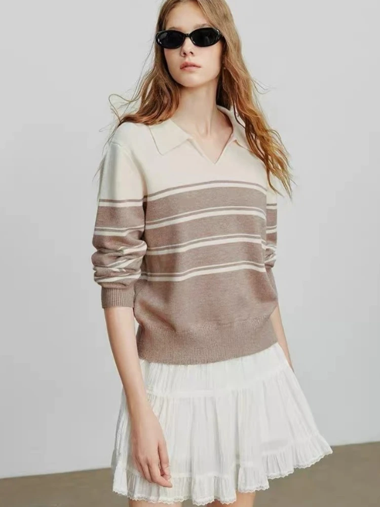 Вязаный свитер в полоску с лацканами в стиле ретро для женщин, осенняя рубашка поло с длинными рукавами, тонкие пуловеры, женская одежда, полосатые джемперы
Вязаный свитер в полоску с лацканами в стиле ретро для женщин, осенняя рубашка поло с длинными рукавами, тонкие пуловеры, женская одежда, полосатые джемперы