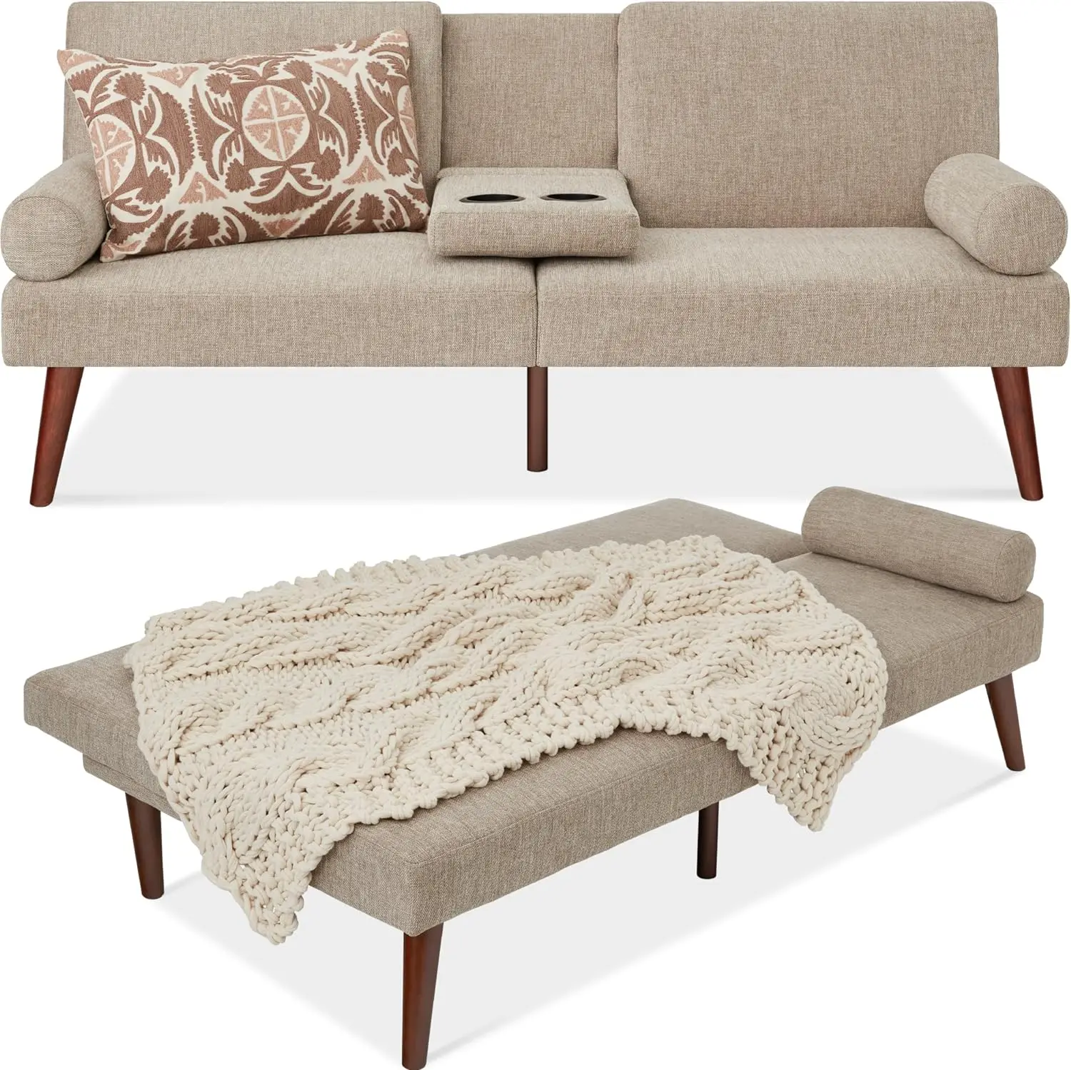 Mid-Century Modern Upholstered Futon, Convertible Folding Sofa Bed, Small Couch w/Rounded Armrests,
Mid-Century Modern Upholstered Futon, Convertible Folding Sofa Bed, Small Couch w/Rounded Armrests,