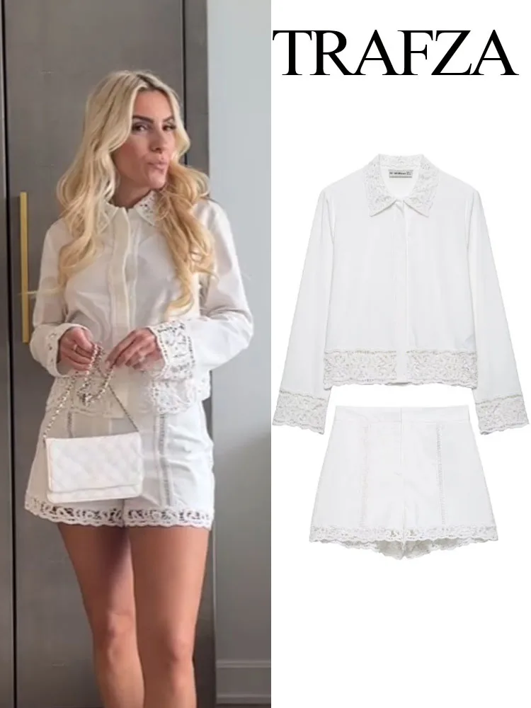 TRAFZA Women 2 Piece Set New Fashion Hollow Crochet Single-Breasted Long Sleeves Lapel Loose Shirt Top+Solid Casual Slim Shorts
TRAFZA Women 2 Piece Set New Fashion Hollow Crochet Single-Breasted Long Sleeves Lapel Loose Shirt Top+Solid Casual Slim Shorts
