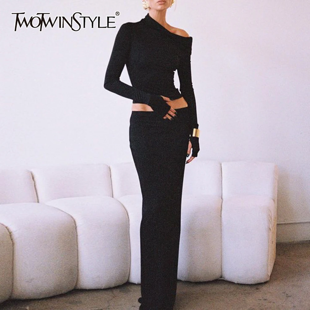 TWOTWINSTYLE Solid Two Piece Set For Women Skew Collar Long Sleeve Tops High Waist Skirts Temperament Sets Female Fashion New
TWOTWINSTYLE Solid Two Piece Set For Women Skew Collar Long Sleeve Tops High Waist Skirts Temperament Sets Female Fashion New
