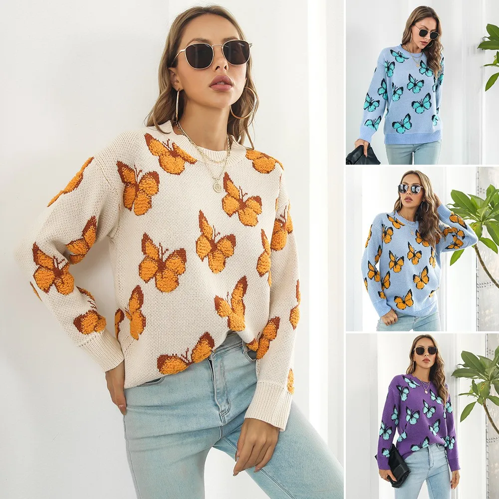 Women's Sweater Butterfly Print Crew Neck Knitwear Light Blue Turquoise Butterfly Pullover Long Sleeve 3d Pattern Knitted
Women's Sweater Butterfly Print Crew Neck Knitwear Light Blue Turquoise Butterfly Pullover Long Sleeve 3d Pattern Knitted