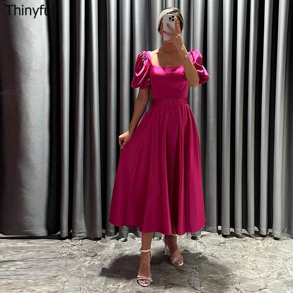 Thinyfull A-line Prom Dress Square Collar Short Sleeves Evening Party Dress Satin Tea-length Formal Occasion Gown with Belt
Thinyfull A-line Prom Dress Square Collar Short Sleeves Evening Party Dress Satin Tea-length Formal Occasion Gown with Belt