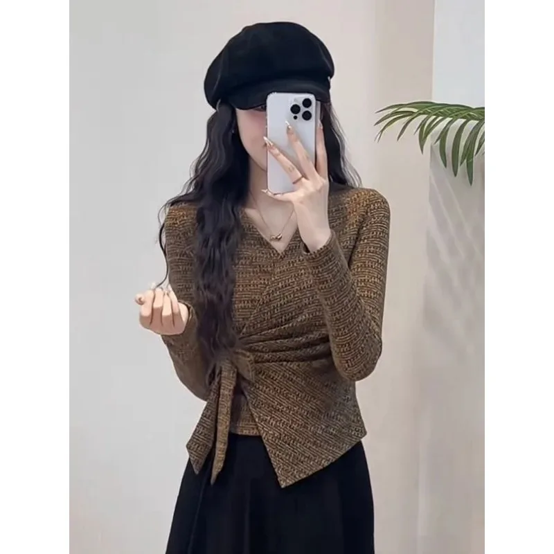 Cross V-neck Long-sleeved Bow Tie T-shirt Autumn Winter Temperament Slim Slimming Bottoming Shirt Tops for Women
Cross V-neck Long-sleeved Bow Tie T-shirt Autumn Winter Temperament Slim Slimming Bottoming Shirt Tops for Women