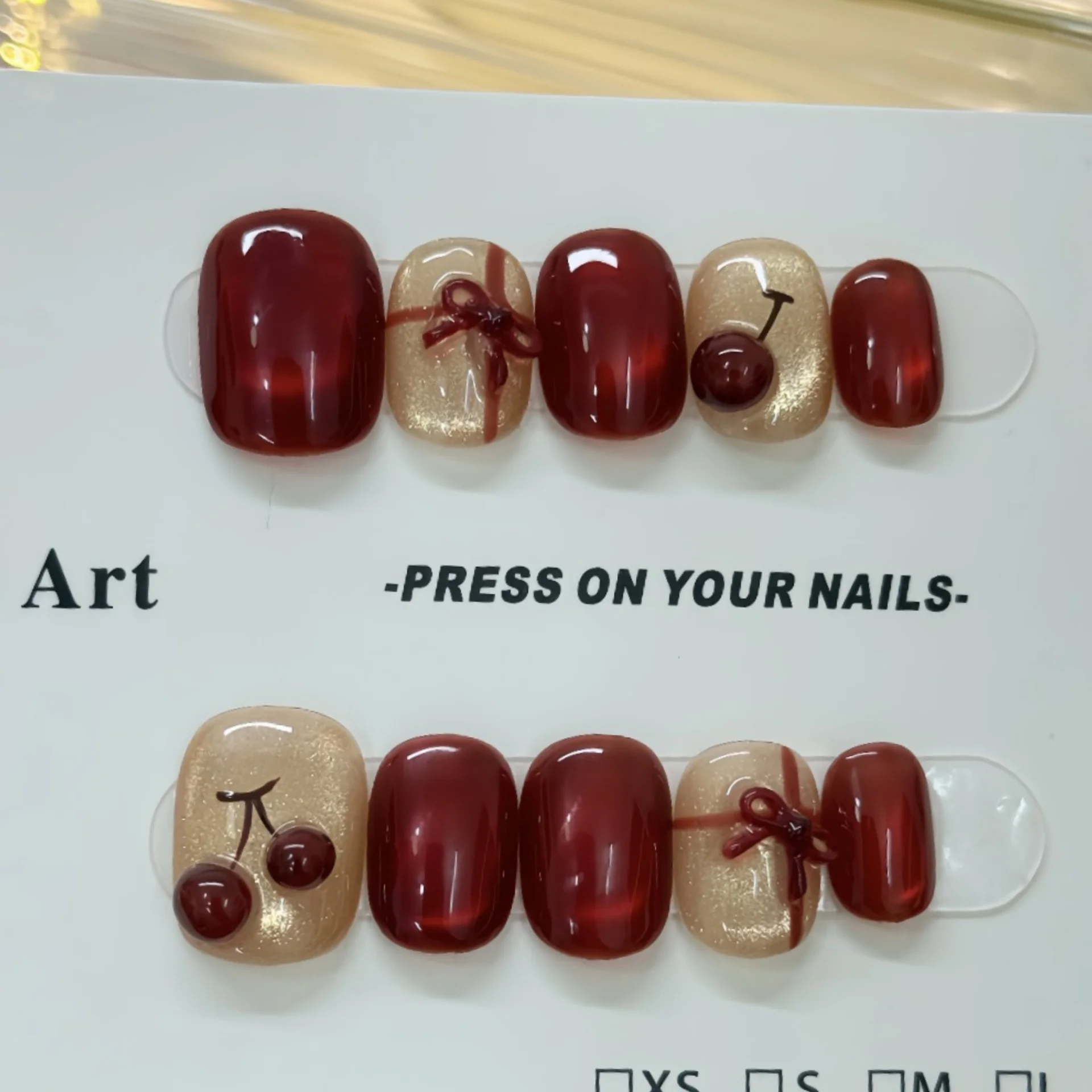 10pcs Wine Red Handmade False Nail Tip Cherry Cute Design Short Square Round Fake Nail Art Finished Cat's Eye Bow Press on Nails
10pcs Wine Red Handmade False Nail Tip Cherry Cute Design Short Square Round Fake Nail Art Finished Cat's Eye Bow Press on Nails