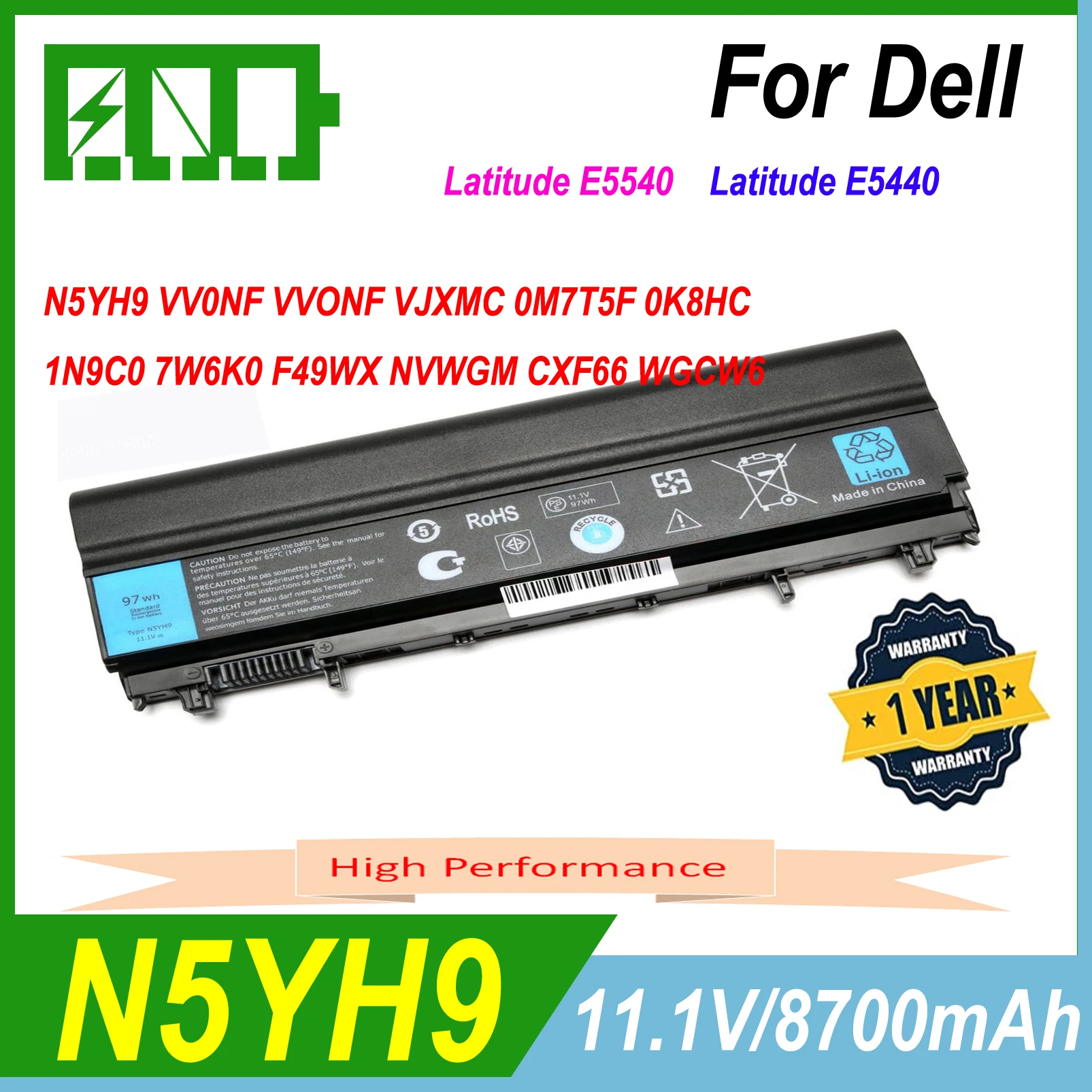 N5YH9 97Wh Laptop Battery for Dell Latitude E5440 E5540 Compatible DELL VVONF 0M7T5F 0K8HC 1N9C0 7W6K0 VV0NF F49WX NVWGM CXF66
N5YH9 97Wh Laptop Battery for Dell Latitude E5440 E5540 Compatible DELL VVONF 0M7T5F 0K8HC 1N9C0 7W6K0 VV0NF F49WX NVWGM CXF66
