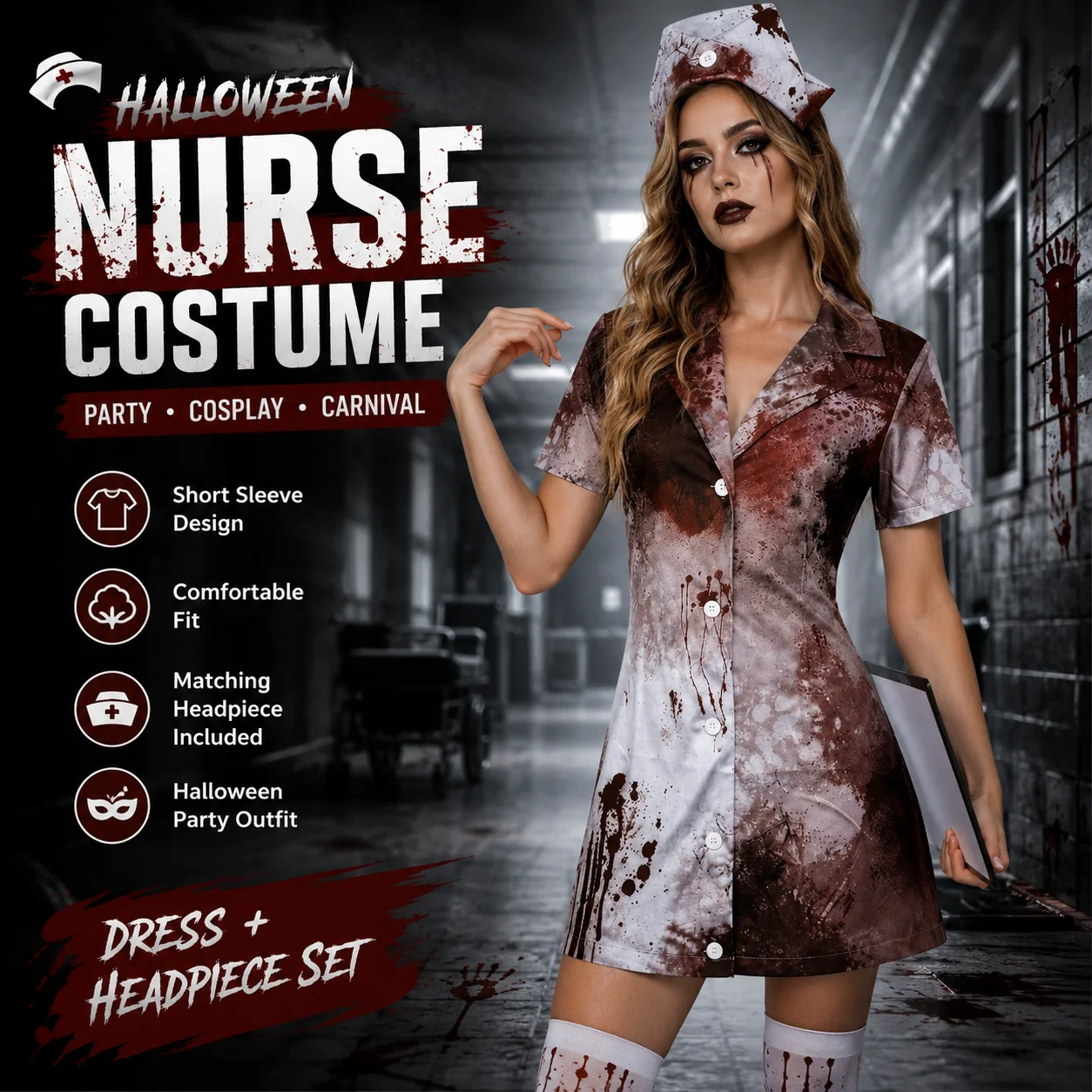 Women's Horror Nurse Cosplay Halloween Scary Costume Performance Short Sleeve Dress Apparel Outfits
Women's Horror Nurse Cosplay Halloween Scary Costume Performance Short Sleeve Dress Apparel Outfits
