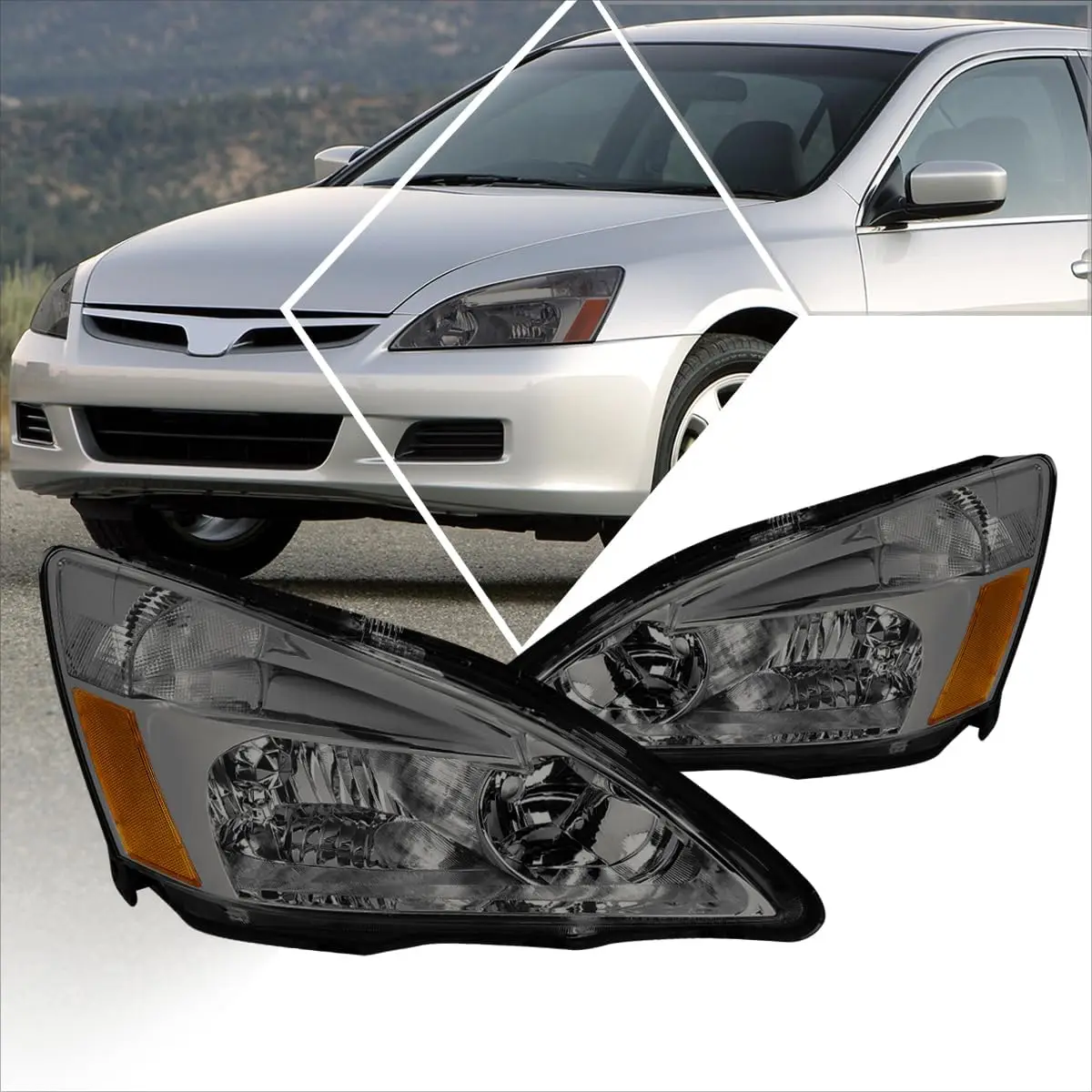 Headlights Assembly Compatible with 2003-2007 Honda Accord, Pair of Halogen Headlamps with Smoked Lens Amber Corner
Headlights Assembly Compatible with 2003-2007 Honda Accord, Pair of Halogen Headlamps with Smoked Lens Amber Corner