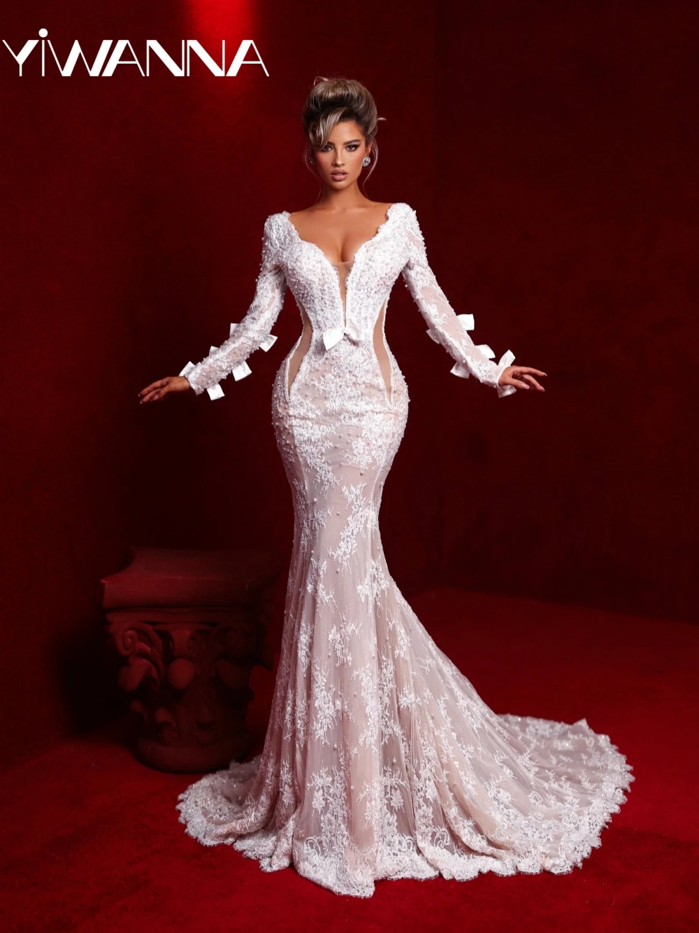 New Shiny Pearls Lace Mermaid Wedding Dress Sexy Illusion Deep V-neck Bridal Gown Customized Elegant Bow Dresses For Bride 
New Shiny Pearls Lace Mermaid Wedding Dress Sexy Illusion Deep V-neck Bridal Gown Customized Elegant Bow Dresses For Bride